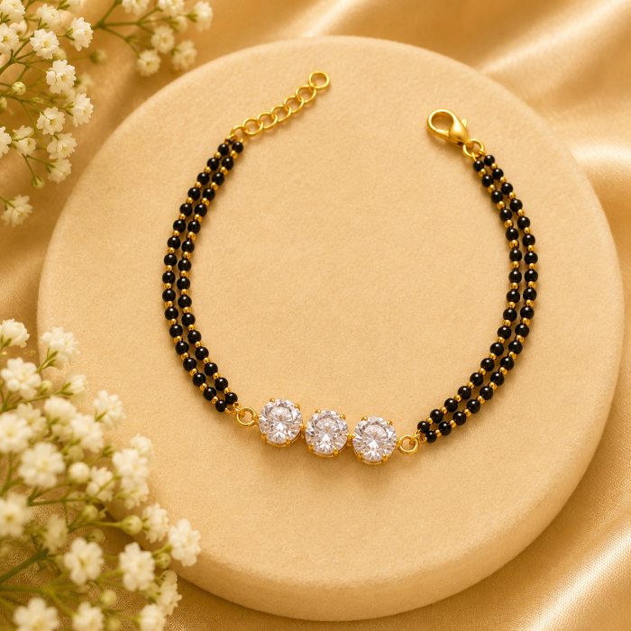 Black Beads Triple Crystal Bracelet.