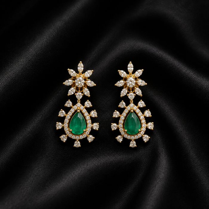 Emerald Floral Halo Drop Earrings