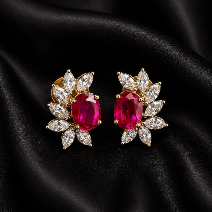 Ruby-Tone Floral Crystal Stud Earrings