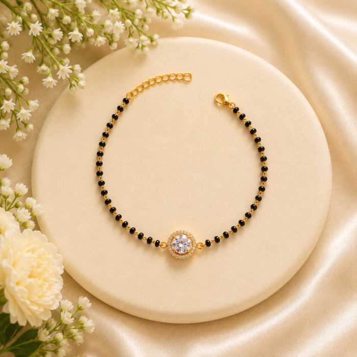 Black Beads Solitaire Crystal Bracelet.