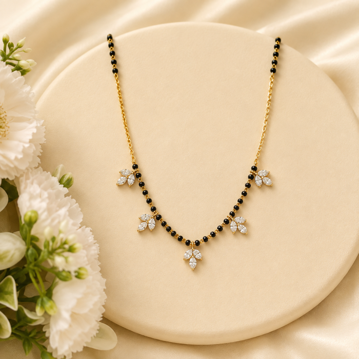 Black Bead Chain with Leaf Motif Charms
