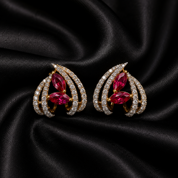 Ruby Leaf-Design Stud Earrings