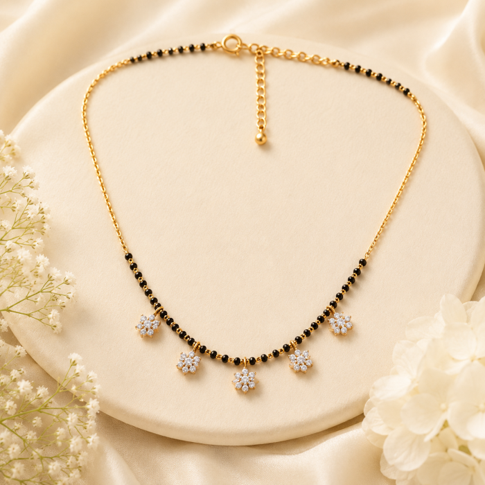 Black Beads Graduated Floral Drop Chain
