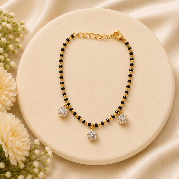 Black Beads Triple Charm Bracelet