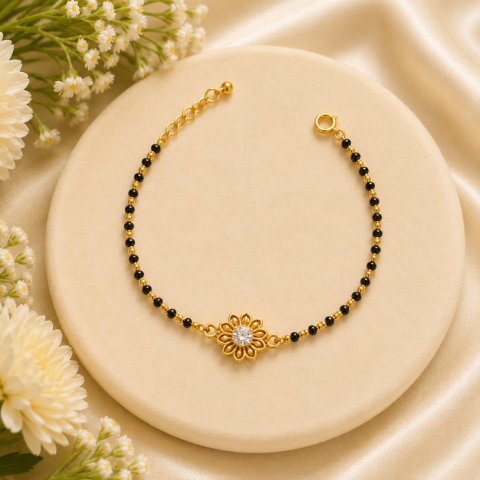 Black Beads Floral Charm Bracelet