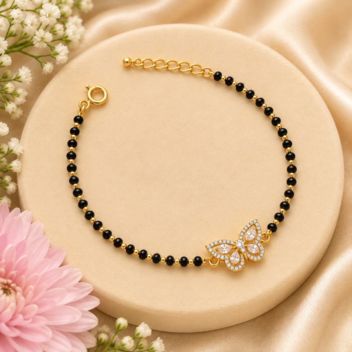 Black Beads Butterfly Charm Bracelet