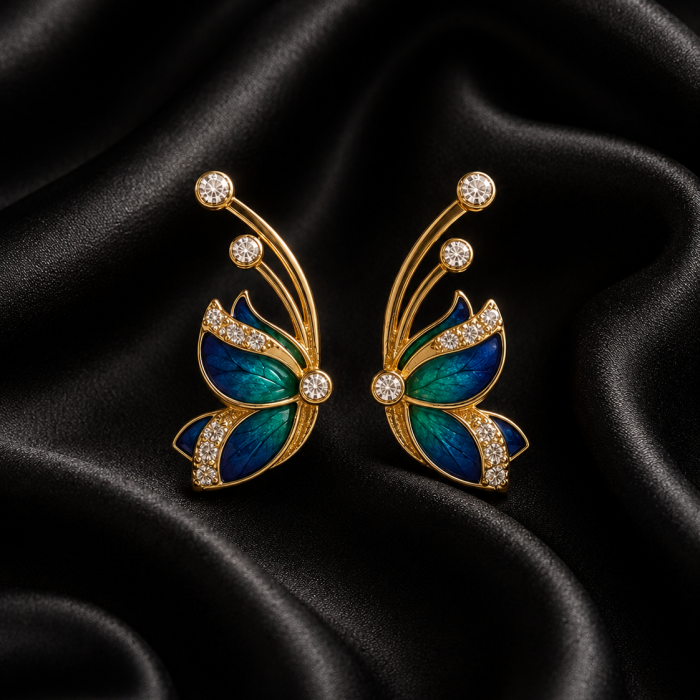 Teal Blue Butterfly Crystal Stud Earrings